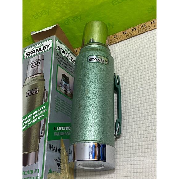 Org Box vtg Aladdin Stanley No. A-944DH Green & Silver Thermos steel bottle "CJ" - Picture 1 of 16